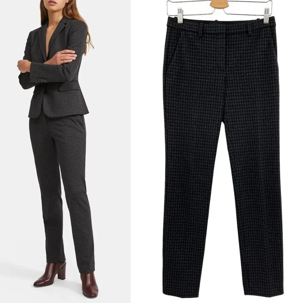 Theory Tailored Trouser in Houndstooth Twill Gray Black Size 0